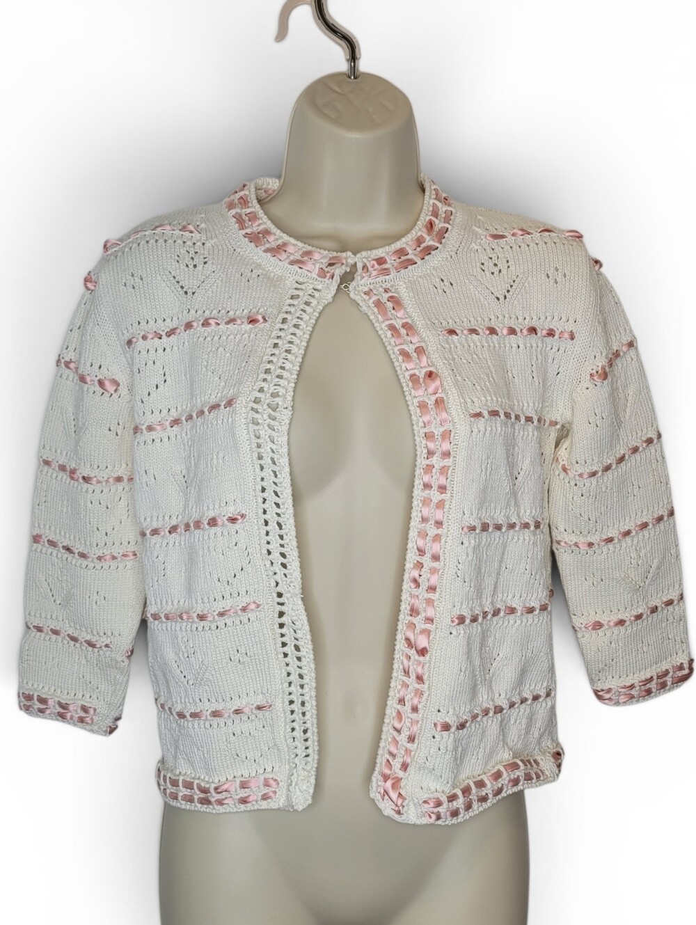 Bernadette Cardigan Sweater XS White Pink Ribbon Cottagecore